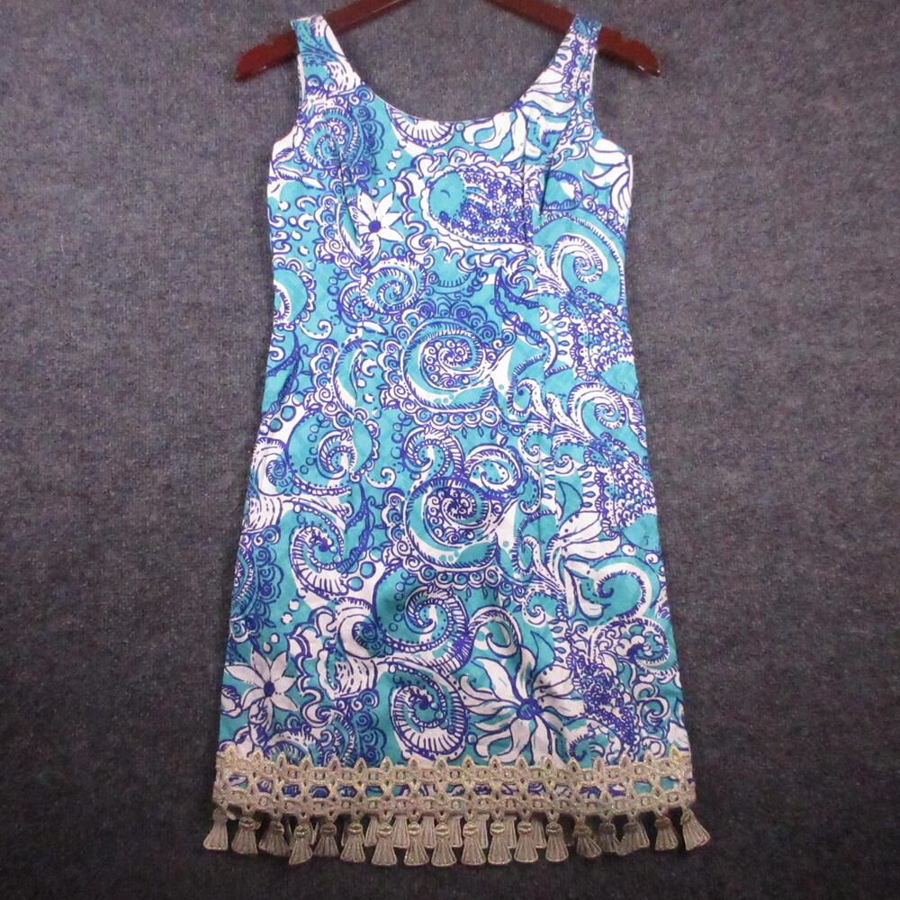 Lilly Pulitzer Dress Womens 0 Blue Paisley Tassel Hem Sleeveless Shift Lined